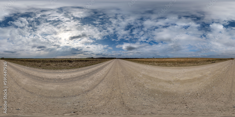 Canvas Prints spherical 360 hdri panorama on gravel road with clouds on overcast sky in equirectangular seamless p