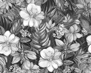 Colorless acrylic painting. Seamless pattern. Tropical flowers. Print for wallpaper, textiles and other surfaces. - 591447911