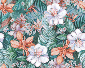 Tropical flowers. Acrylic painting. Seamless pattern. Artwork.