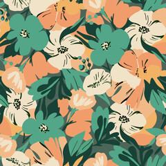 Seamless pattern of abstract garden flowers. Orange and bright green. - 591447919