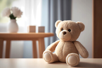 Table with teddy bear in blurred child room for product placement. Generative ai.