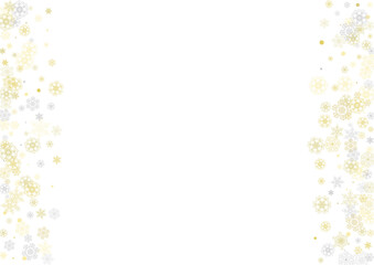 Gold snowflakes frame on white background. New year theme. Horizontal shiny Christmas frame for holiday banner, card, sale, special offer. Falling snow with gold snowflake and glitter for party invite