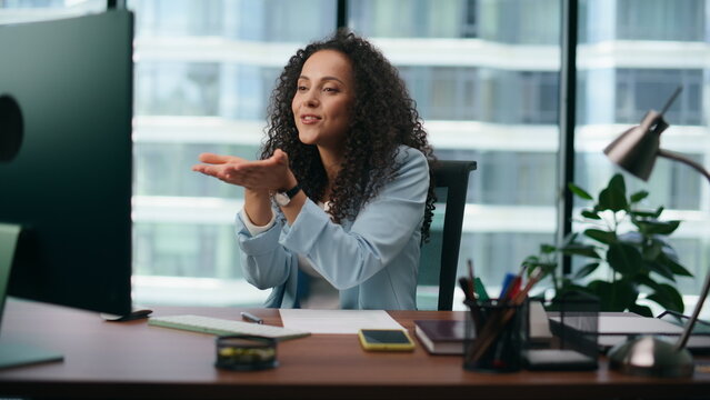 Woman saying goodbye video chat with friends close up. Girl enjoy web chat.