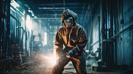 Welder in protective clothing and helmet welds metal at the factory. Generative AI