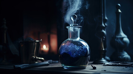 Magic potion in glass bottle on dark toned background. Halloween concept. Generative AI