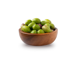 Bowl of fresh olives isolated on white background. Olives on white background. Green olives close up.