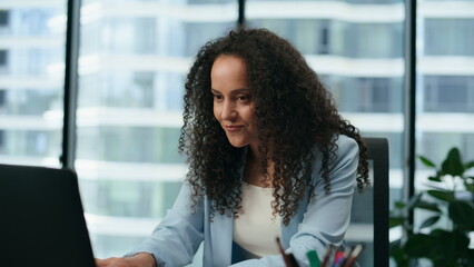 Woman surprised job opportunity reading incoming messages at workplace close up