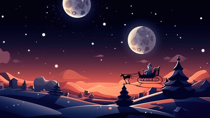 Santa Claus with a sleigh and a reindeer rides through the forest, generative AI.