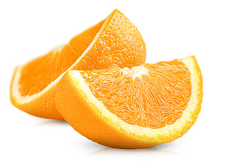 two fresh orange slices on a white isolated background