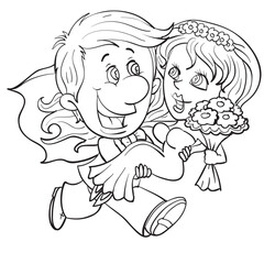 sketch, the groom carries in his arms the bride who has a bouquet of flowers in her hands, cartoon, isolated object on a white background, vector,