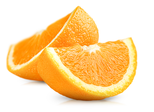 two fresh orange slices on a white isolated background
