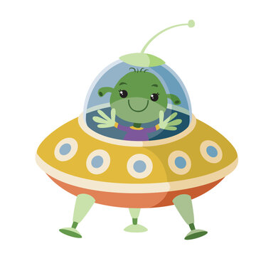 cute green alien sits in a flying saucer and waves his hand in greeting, cartoon illustration, isolated object on a white background, vector,