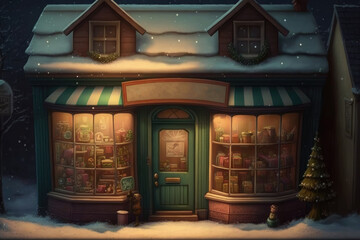 A Christmas shop with toys and sweets is lit up with lights on the eve of Christmas, generative AI.