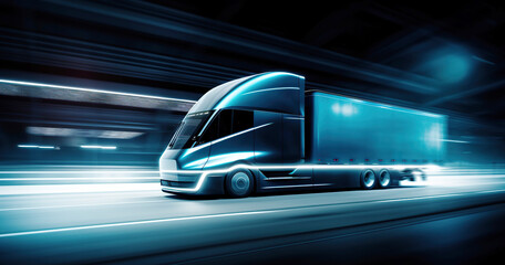 Electric semi-truck rides on the road at night. Cargo transportation concept. Created with generative Ai