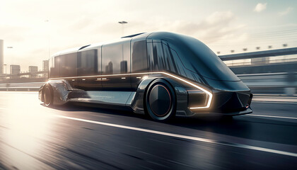 Electric black futuristic truck rides on the road. Cargo transportation concept. Created with generative Ai