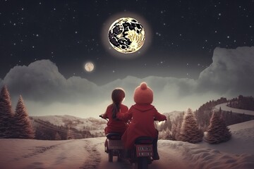 Two children look at the starry moonlit night sky in anticipation of a Christmas miracle, generative AI.