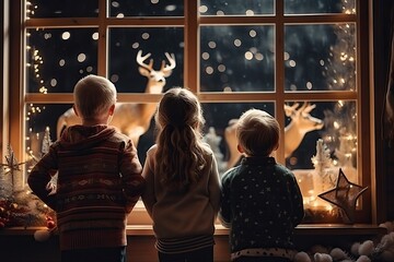 Fototapeta na wymiar The children are watching the reindeer outside the window on the street, reindeer at Christmas, generative AI.