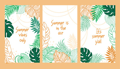 Summer background with tropical leaves in pastel colors. Vector