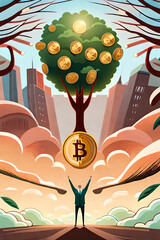 Happy man investing in bitcoin, tree growth. Generative AI
