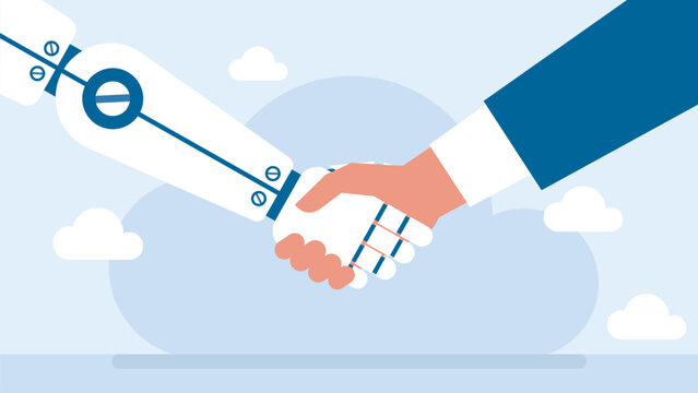 Business human and robot hands shake. Concept future business. Modern technology. Businessman and robot handshake. Artificial intelligence handshake concept. Flat design. Vector illustration