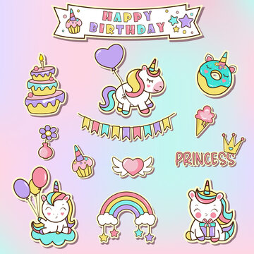 Collection of funny unicorns. Unicorn stickers set. Birthday concept. Vector illustration