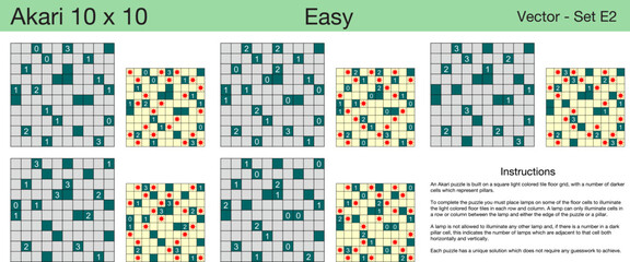 5 Easy Akari 10 x 10 Puzzles. A set of scalable puzzles for kids and adults, which are ready for web use or to be compiled into a standard or large print activity book.