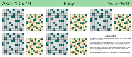 5 Easy Akari 10 x 10 Puzzles. A set of scalable puzzles for kids and adults, which are ready for web use or to be compiled into a standard or large print activity book.