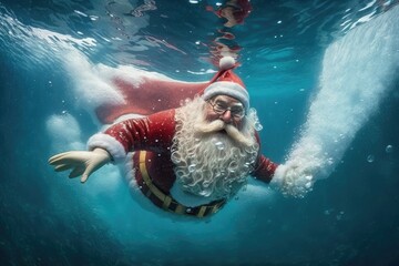 Santa Claus swims under water, Santa swims in cold water, generative AI.
