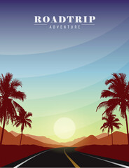 Fototapeta na wymiar summer paradise road trip at sunset on tropical palm landscape