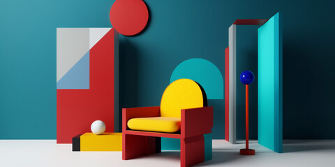 interior design room sofa yellow home geometric art memphis armchair colourful. Generative AI.
