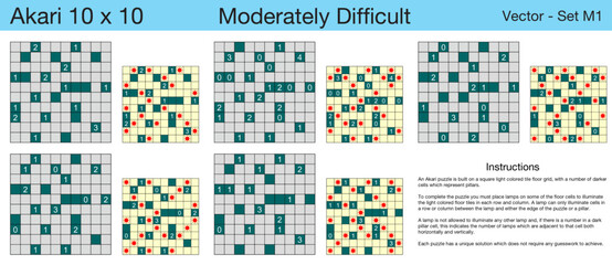 5 Moderately Difficult Akari 10 x 10 Puzzles. A set of scalable puzzles for kids and adults, which are ready for web use or to be compiled into a standard or large print activity book.