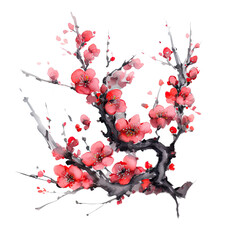 Traditional ink painting style sakura tree branches, Beautiful pink cherry blossom, spring flowers, generated ai.	