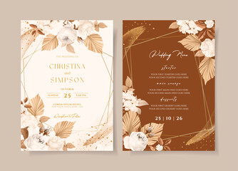 Wedding invitation template set with white dried floral and leaves decoration