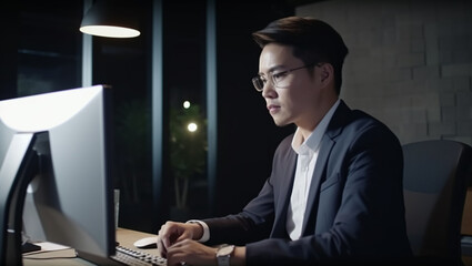 Asian man working on computer, created with Generative AI technology