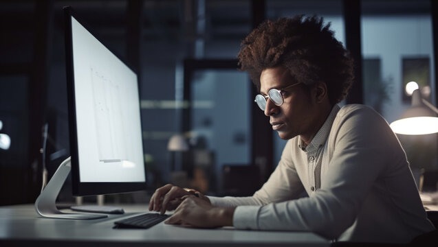 African american man working on computer, created with Generative AI technology