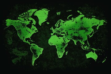 world map in shades of green against a black background. Generative AI