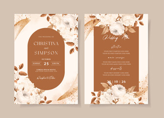 Wedding invitation template set with white dried floral and leaves decoration