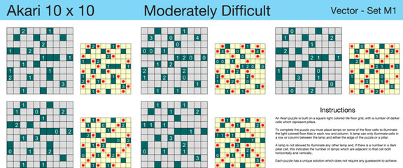 5 Moderately Difficult Akari 10 x 10 Puzzles. A set of scalable puzzles for kids and adults, which are ready for web use or to be compiled into a standard or large print activity book.