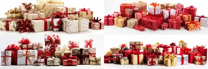 Generative AI illustration collage of different wrapped gift boxes with red ribbons arranged in row on white background
