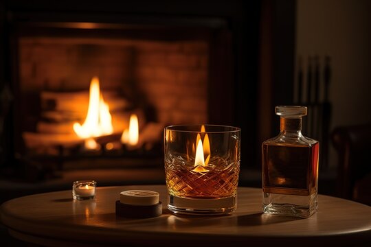 A cozy, inviting whiskey scene, featuring a tumbler of fine whiskey on the rocks, a decanter, and a cigar, set against the warm glow of a crackling fireplace. Generative AI