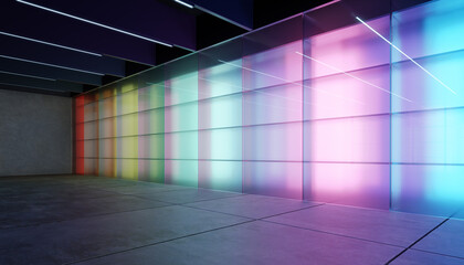 3D Empty modern multiple purpose room space with colored gradient transparent glass wall