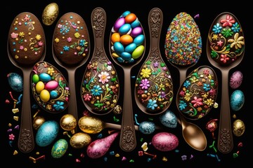 Spoons filled with colorful chocolate Easter egg. Generative AI