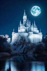 fantasy ice castle landscape with full moon