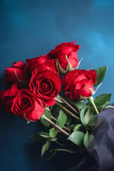bouquet of red roses on blue background