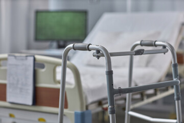 Close-up of walker for patient during his rehabilitation standing in hospital ward