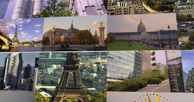 Multi Screen Collage of Paris time lapse and Aerial view, France. Collection of footage with the most famous parisian landmarks: Eiffel tower, Triumphal Arch, historic buildings and skyscrapers