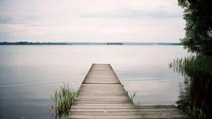 Fototapeta na wymiar Wooden jetty on a large lake. Generative AI