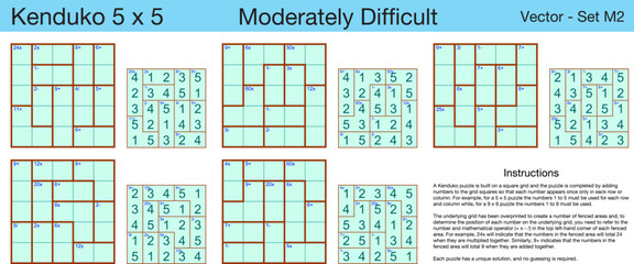 5 Moderately Difficult Kendoku 5 x 5 Puzzles. A set of scalable puzzles for kids and adults, which are ready for web use or to be compiled into a standard or large print activity book.