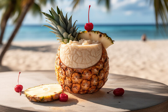 A frozen, tropical pina colada, served in a chilled, coconut shaped container, garnished with pineapple and cherry,  ice filled scene that contrasts with the warm, sandy beach backdrop. Generative AI
