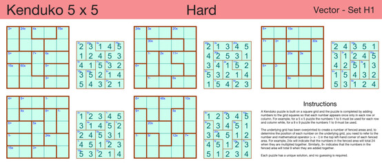 5 Hard Kendoku 5 x 5 Puzzles. A set of scalable puzzles for kids and adults, which are ready for web use or to be compiled into a standard or large print activity book.